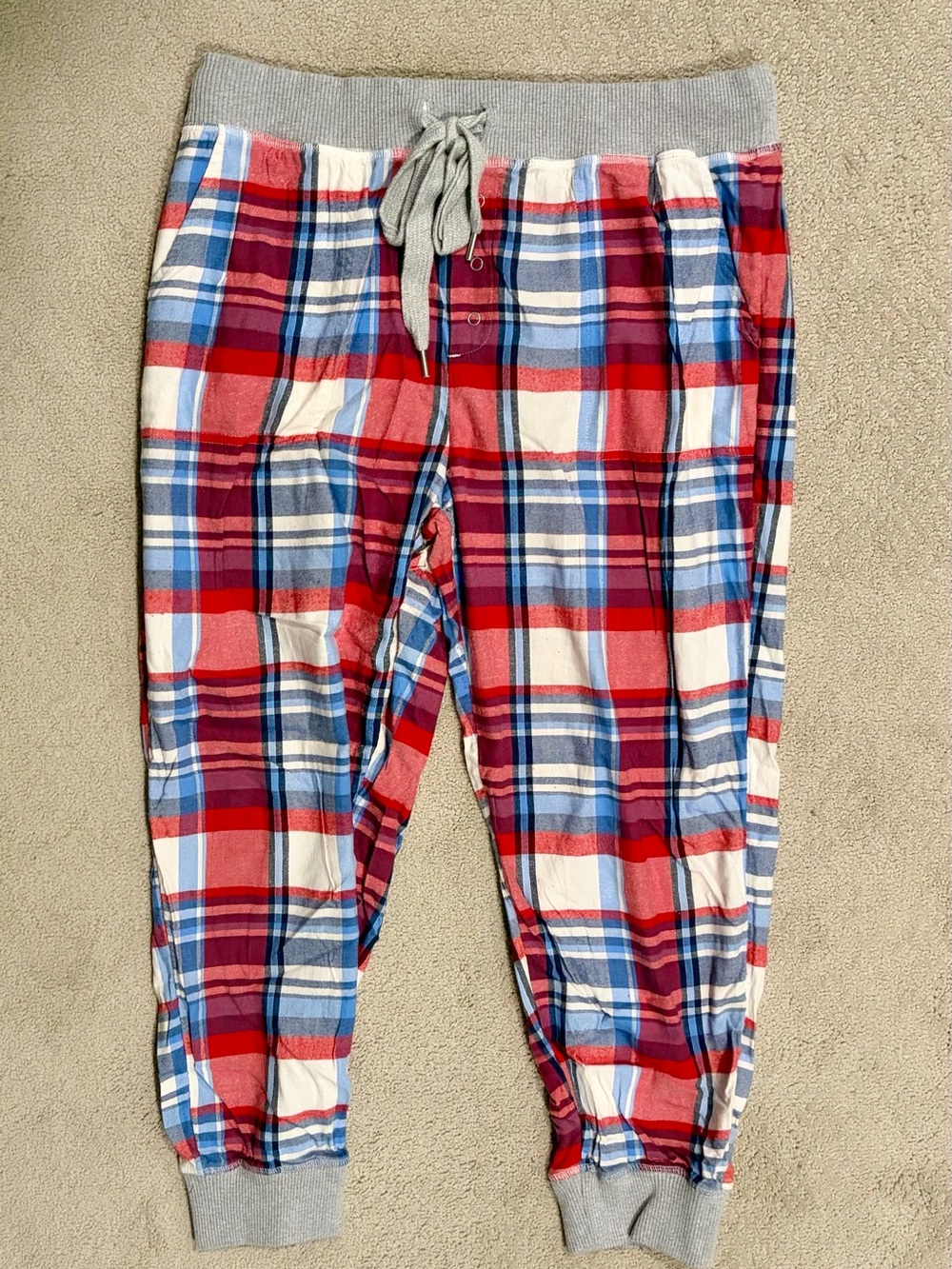 aerie Red, Blue & White Plaid Women’s Pajama Joggers with Gray Waistband